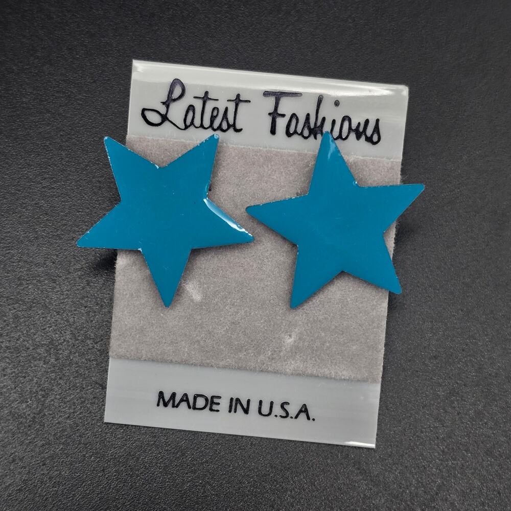 Blue Enamel Star Stud Earrings 1980s Vintage Costume Jewelry NOS On Card